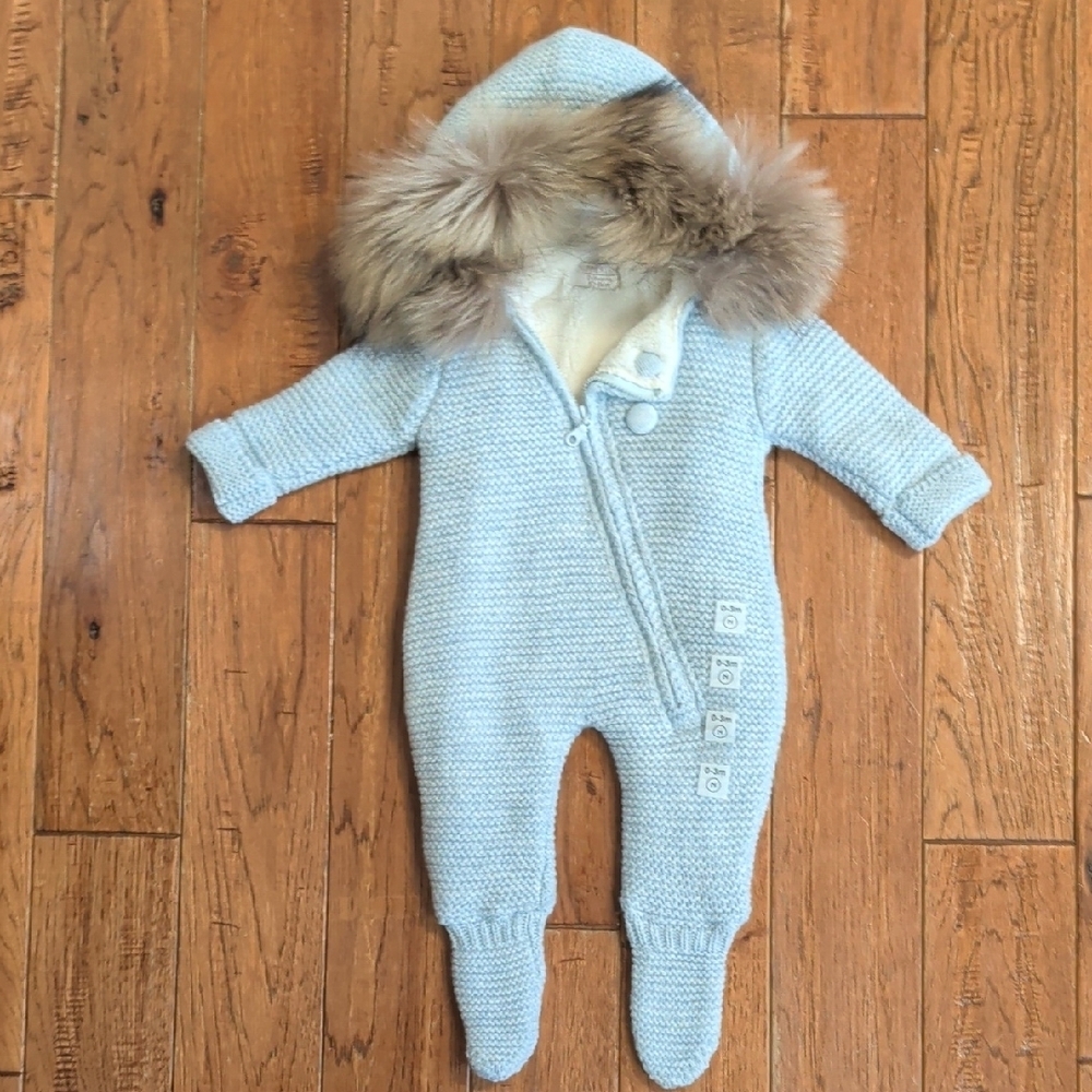 Nipperland Cozy Blue Knit Hooded Baby Onesie Bunting Rabbit